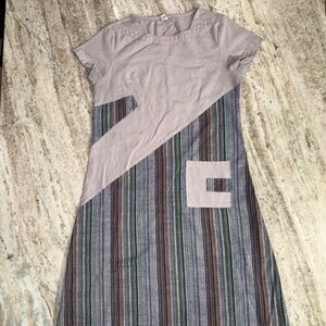 Short Sleeve Diagonal Panel Striped Dress in Light Lavender and Multicolor